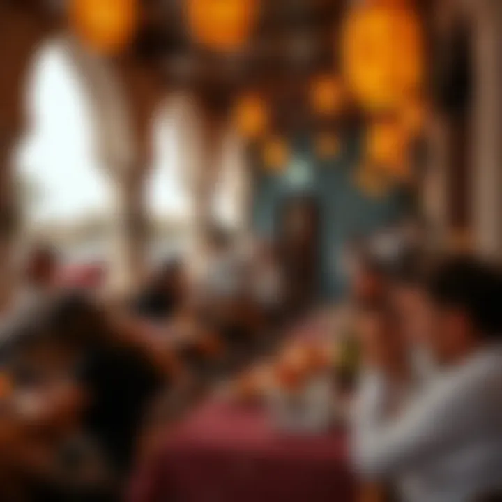 A scene capturing diners enjoying their meals amidst the unique ambiance of Al Seef's cultural setting.