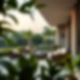 Lush garden view from a modern apartment balcony