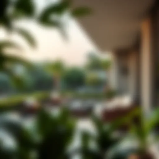 Lush garden view from a modern apartment balcony