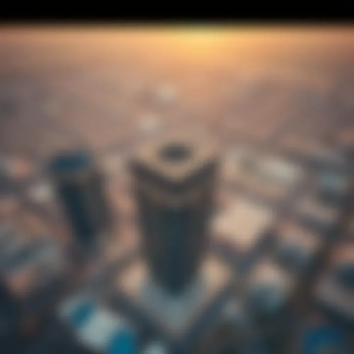 Aerial view of the Kawakeb Building and its surrounding urban landscape in Dubai