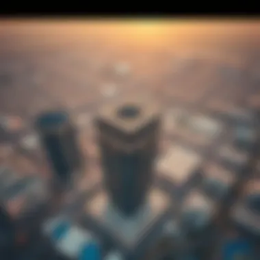 Aerial Perspective of Kawakeb Building Aerial view of the Kawakeb Building and its surrounding urban landscape in Dubai