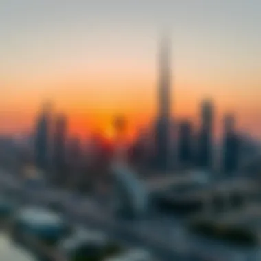 Stunning skyline of Dubai at sunset with iconic buildings