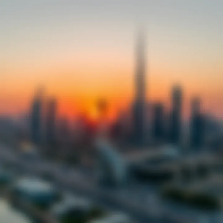 Stunning skyline of Dubai at sunset with iconic buildings