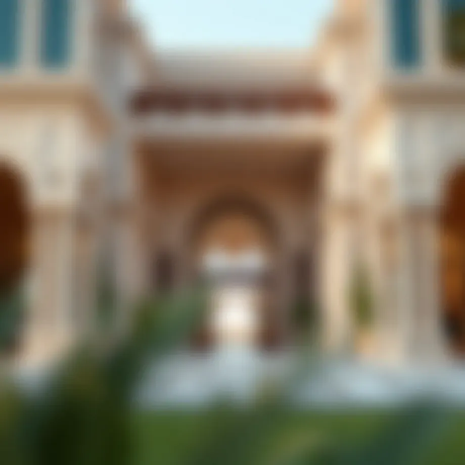 Grand villa entrance showcasing intricate architectural design