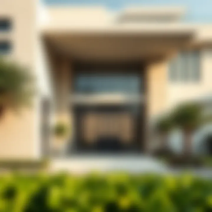 Modern villa entrance featuring sleek lines and contemporary materials