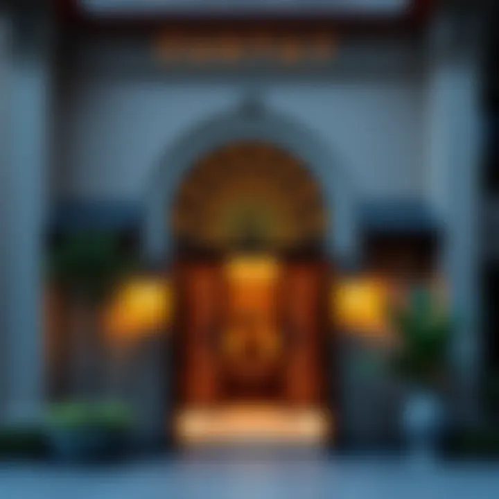 Traditional villa entrance with ornate features and cultural influences