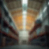 Interior view of a modern warehouse showcasing high ceilings and organized storage.