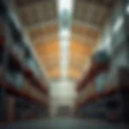 Interior view of a modern warehouse showcasing high ceilings and organized storage.