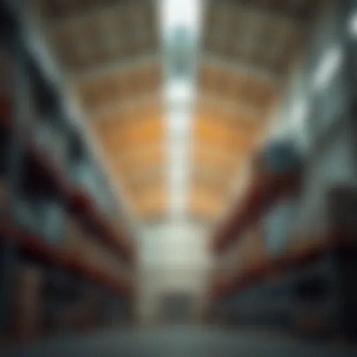 Interior view of a modern warehouse showcasing high ceilings and organized storage.