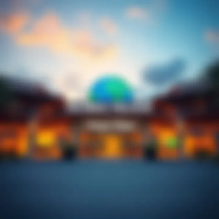 A panoramic shot of the main entrance to Global Village, highlighting the welcoming atmosphere.