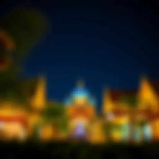 A vibrant view of Global Village at night, showcasing the illuminated attractions and cultural pavilions.