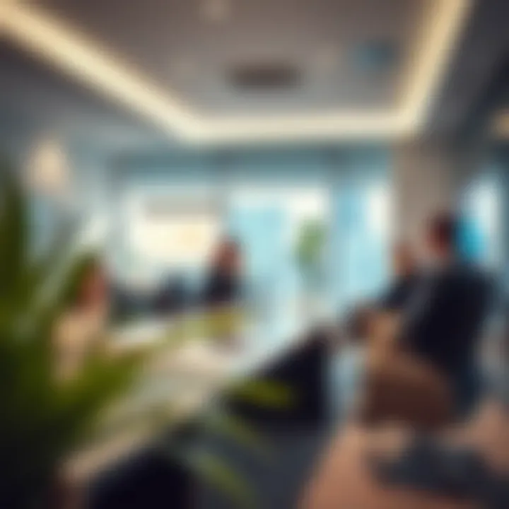 A modern real estate office environment with professionals discussing listings