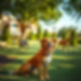 A vibrant town square dog park in Dubai, showcasing lush greenery and happy pets.