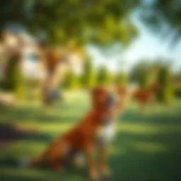A vibrant town square dog park in Dubai, showcasing lush greenery and happy pets.